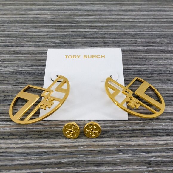 Tory Burch Chevron Cutout Hoop Earrings Gold OS - Picture 3 of 10
